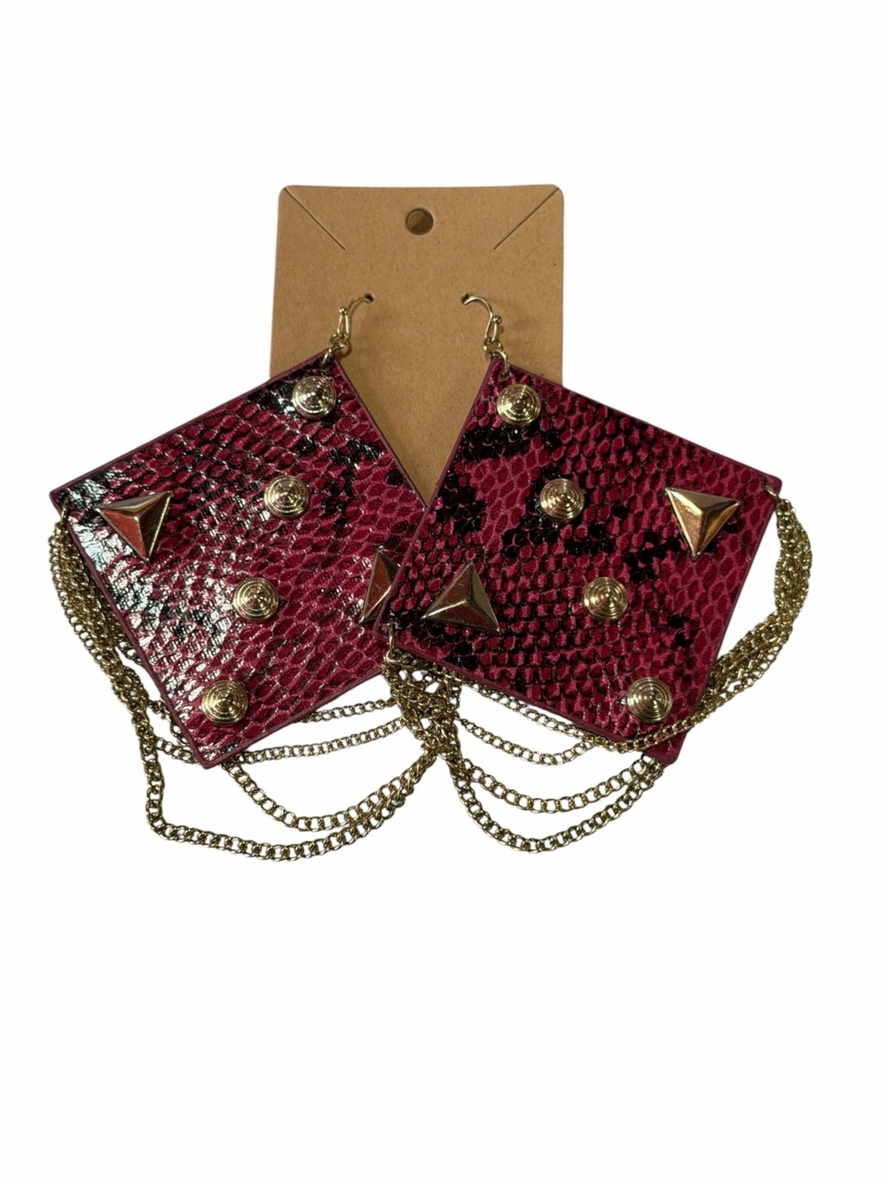 Gold-Accented Pink Snake-Embossed Statement Earrings Oversized Large